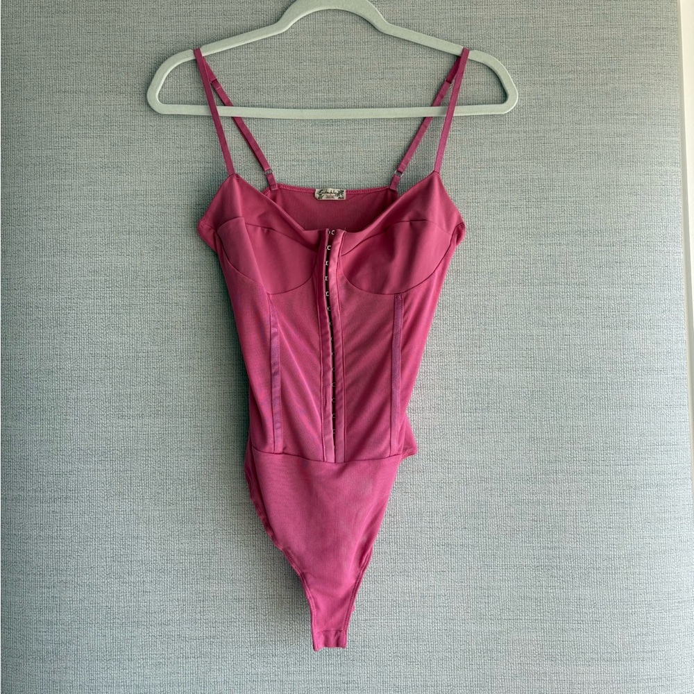 Pink Free People Hook-and-Eye Bustier Bodysuit